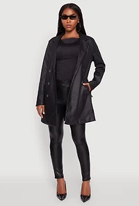 Womens Faux Leather Double Breasted Trench Coat with Tie Waist Belt, M