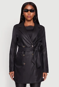Womens Faux Leather Double Breasted Trench Coat with Tie Waist Belt,