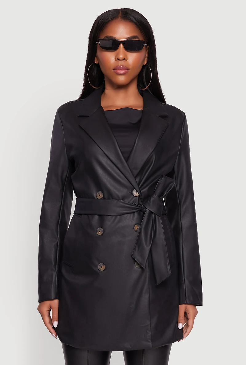 Womens Faux Leather Double Breasted Trench Coat with Tie Waist Belt, S