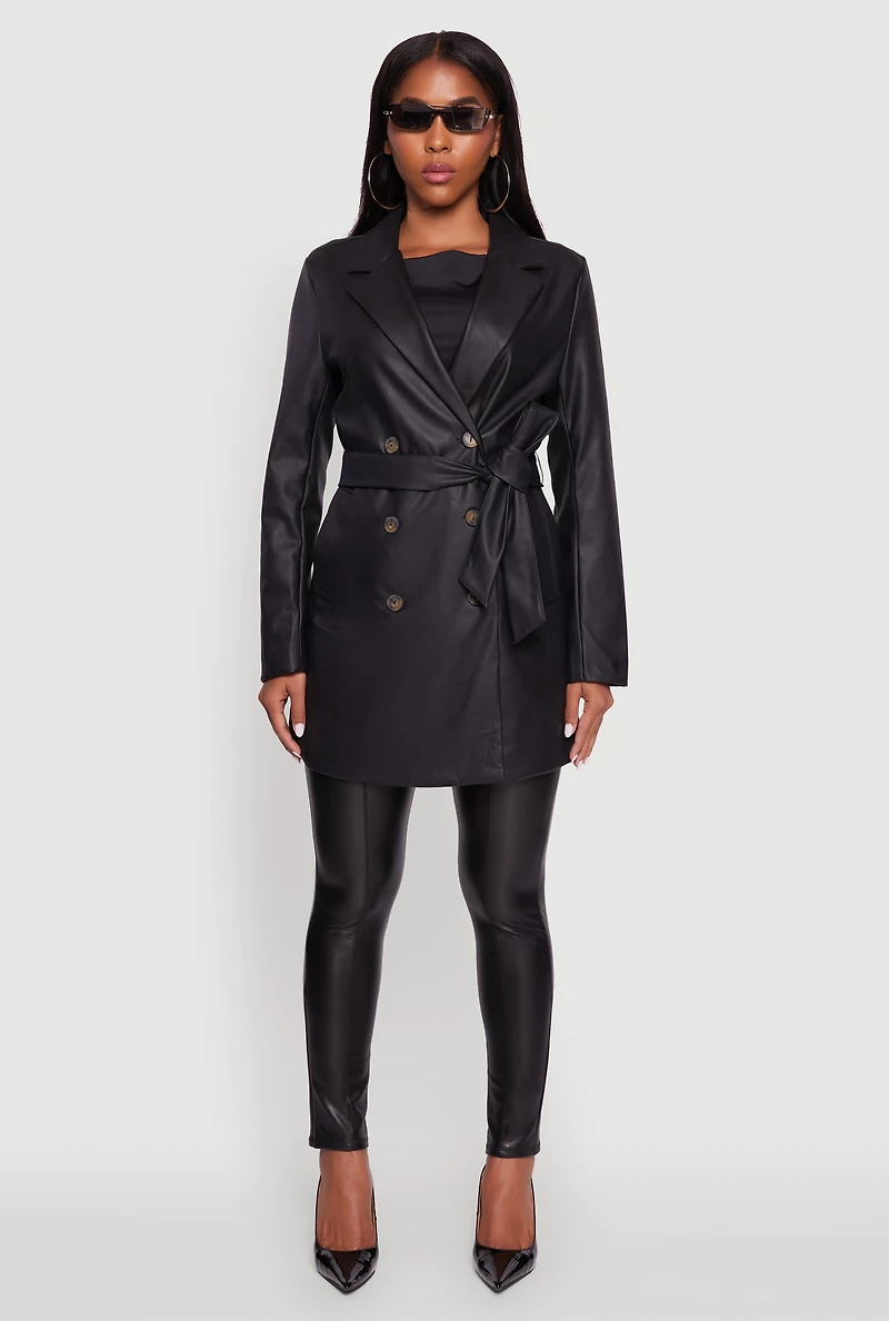 Faux Leather Double Breasted Trench Coat with Tie Waist Belt