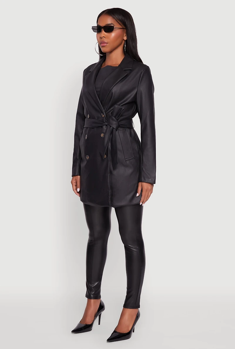 Womens Faux Leather Double Breasted Trench Coat with Tie Waist Belt, M