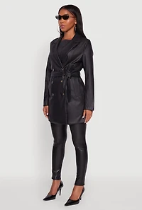 Womens Faux Leather Double Breasted Trench Coat with Tie Waist Belt, M