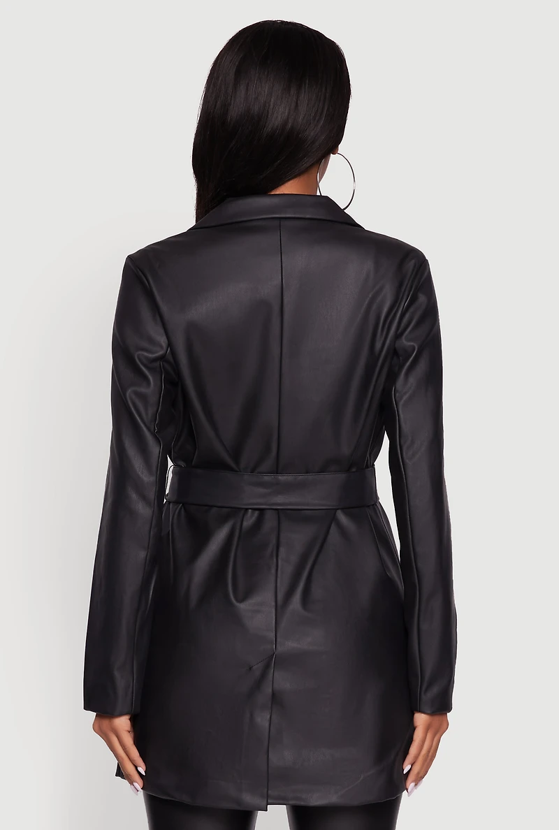 Womens Faux Leather Double Breasted Trench Coat with Tie Waist Belt, M