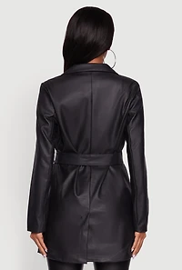 Womens Faux Leather Double Breasted Trench Coat with Tie Waist Belt, M