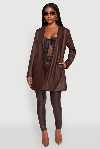 Womens Faux Leather Double Breasted Trench Coat with Tie Waist Belt, Brown, Size S
