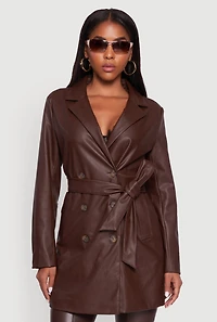 Womens Faux Leather Double Breasted Trench Coat with Tie Waist Belt, Brown, Size S