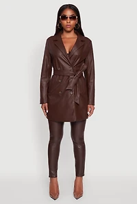 Womens Faux Leather Double Breasted Trench Coat with Tie Waist Belt, Brown, Size S