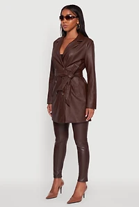 Womens Faux Leather Double Breasted Trench Coat with Tie Waist Belt, Brown, Size S
