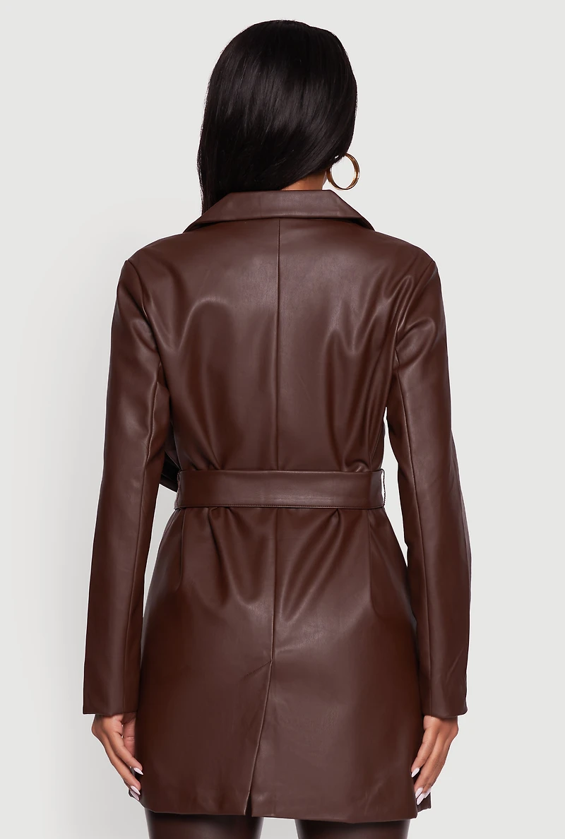 Womens Faux Leather Double Breasted Trench Coat with Tie Waist Belt, Brown, Size S