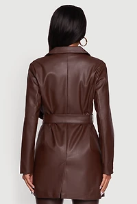 Womens Faux Leather Double Breasted Trench Coat with Tie Waist Belt, Brown, Size S