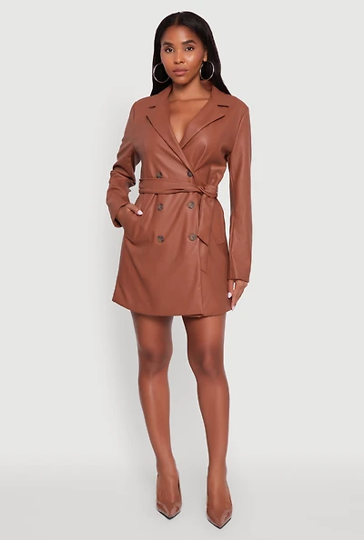 Womens Faux Leather Double Breasted Trench Coat with Tie Waist Belt, Brown, Size S
