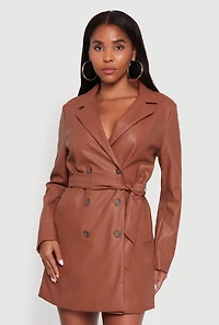Womens Faux Leather Double Breasted Trench Coat with Tie Waist Belt, Brown, Size S