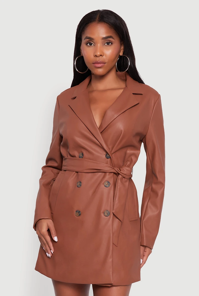 Faux Leather Double Breasted Trench Coat with Tie Waist Belt
