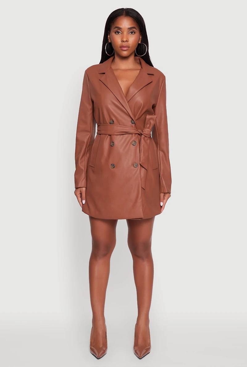 Womens Faux Leather Double Breasted Trench Coat with Tie Waist Belt, Brown,