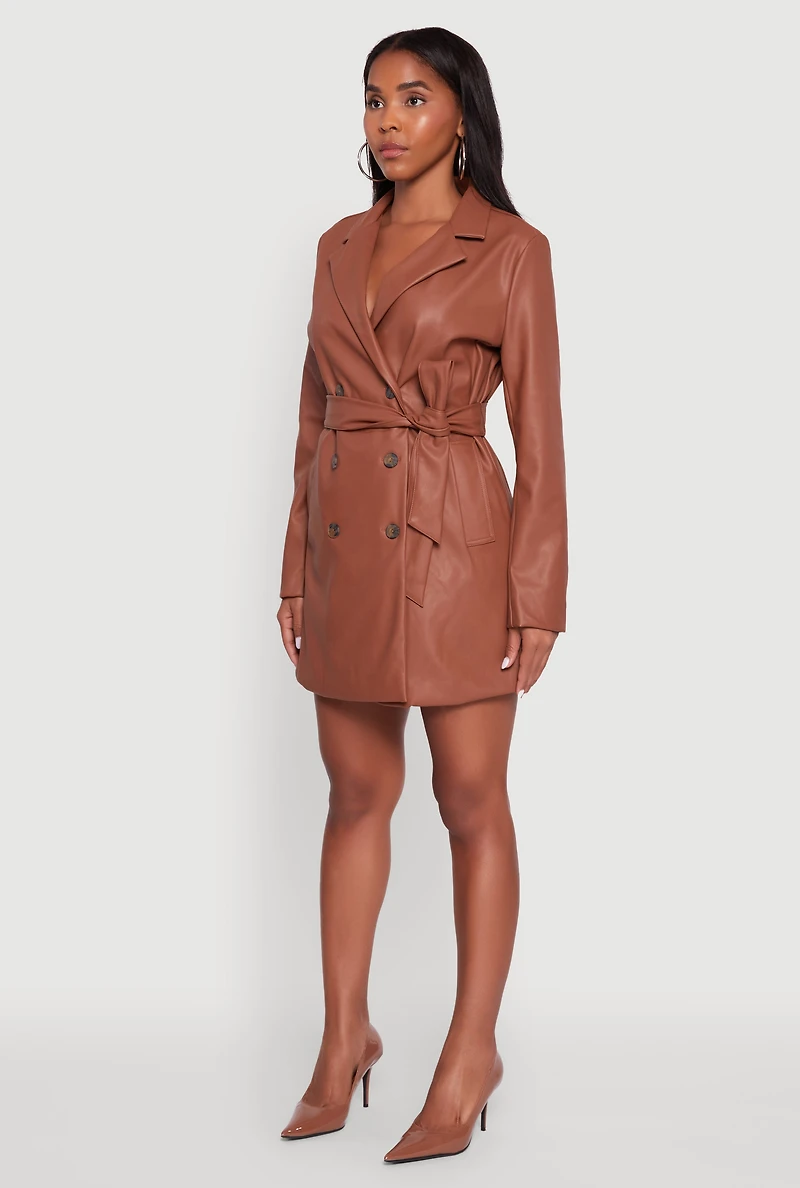 Womens Faux Leather Double Breasted Trench Coat with Tie Waist Belt, Brown,