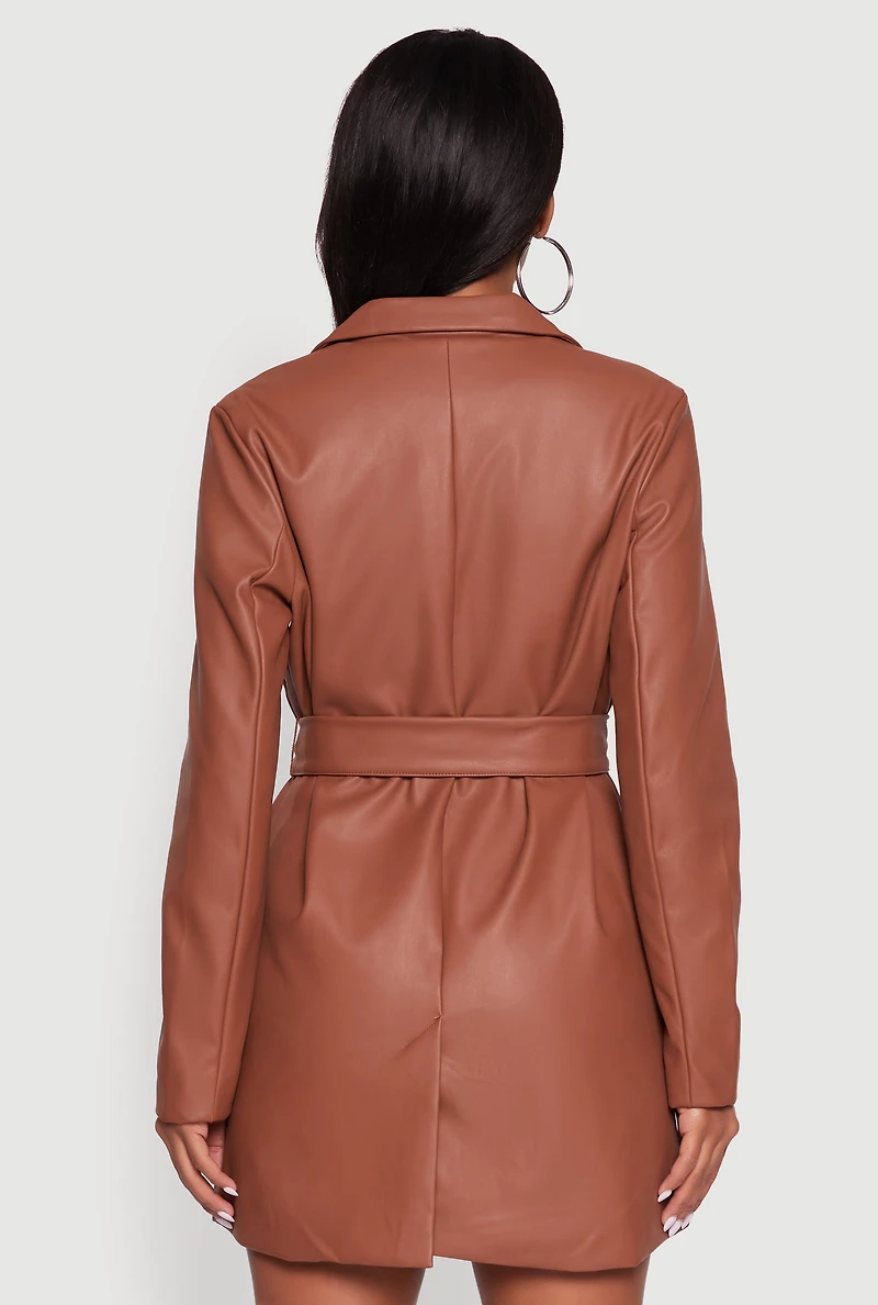 Womens Faux Leather Double Breasted Trench Coat with Tie Waist Belt, Brown,