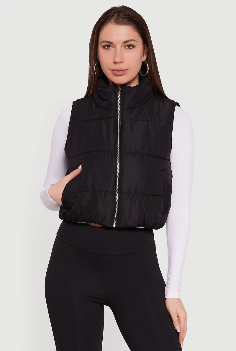 Womens Cropped Mock Neck Puffer Vest,