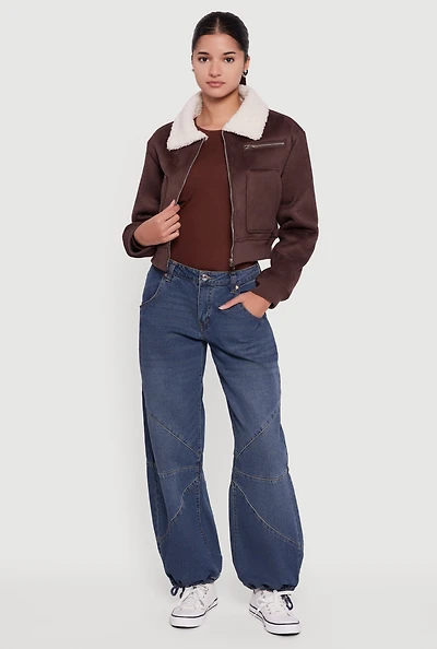 Faux Suede Sherpa Lined Cropped Bomber Jacket