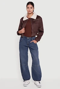 Faux Suede Sherpa Lined Cropped Bomber Jacket