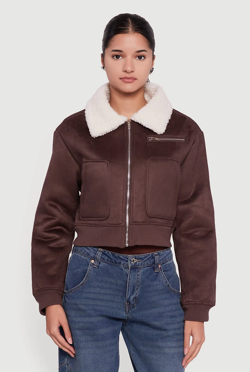 Faux Suede Sherpa Lined Cropped Bomber Jacket