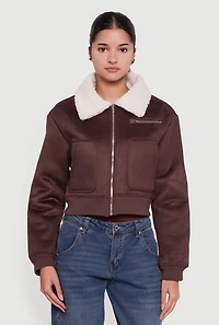 Faux Suede Sherpa Lined Cropped Bomber Jacket