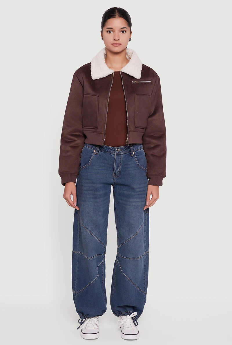 Faux Suede Sherpa Lined Cropped Bomber Jacket