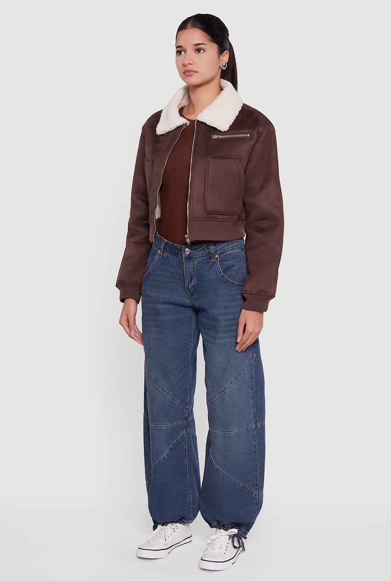 Faux Suede Sherpa Lined Cropped Bomber Jacket