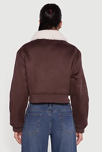 Faux Suede Sherpa Lined Cropped Bomber Jacket