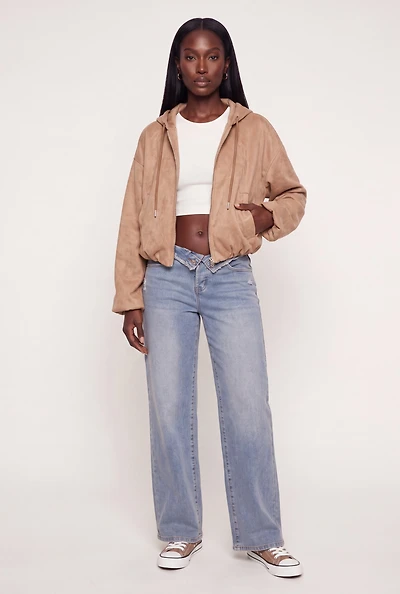 Faux Suede Zip Front Hooded Bubble Hem Bomber Jacket