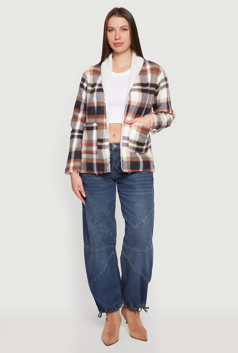 Plaid Sherpa Lined Open Front Shacket