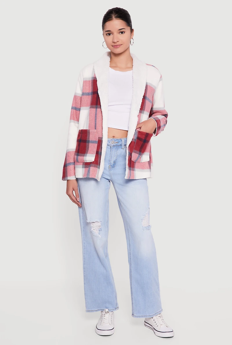 Womens Plaid Sherpa Lined Open Front Shacket, Red, Size S