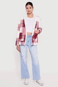 Womens Plaid Sherpa Lined Open Front Shacket, Red, Size S