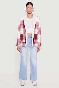 Womens Plaid Sherpa Lined Open Front Shacket, Red, Size S