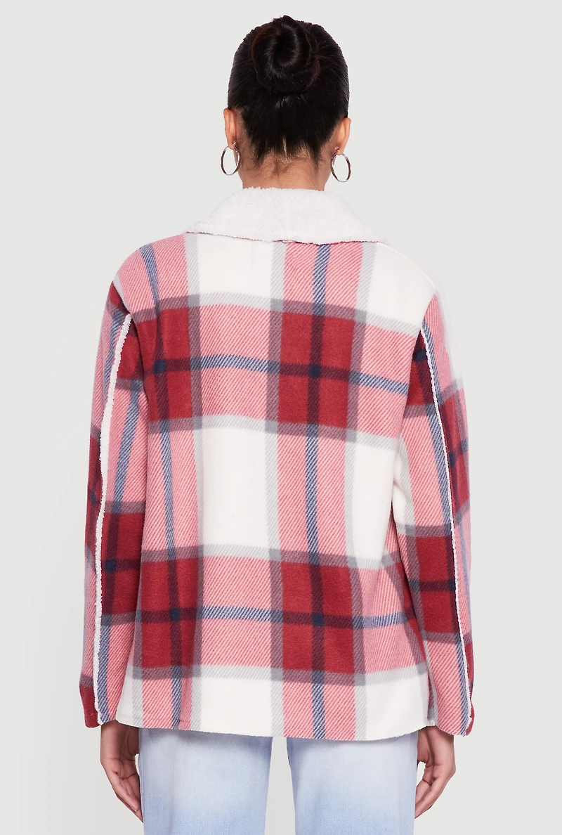 Womens Plaid Sherpa Lined Open Front Shacket, Red, Size S