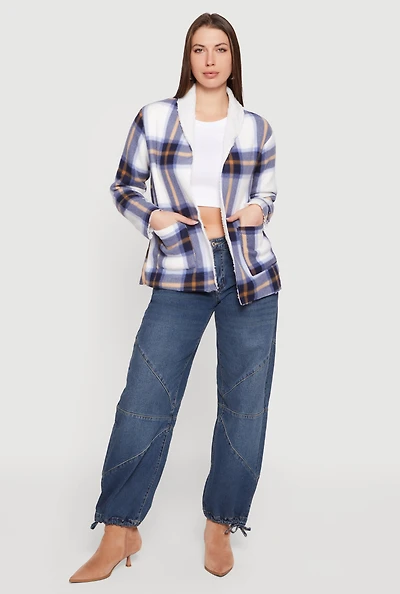 Plaid Sherpa Lined Open Front Shacket