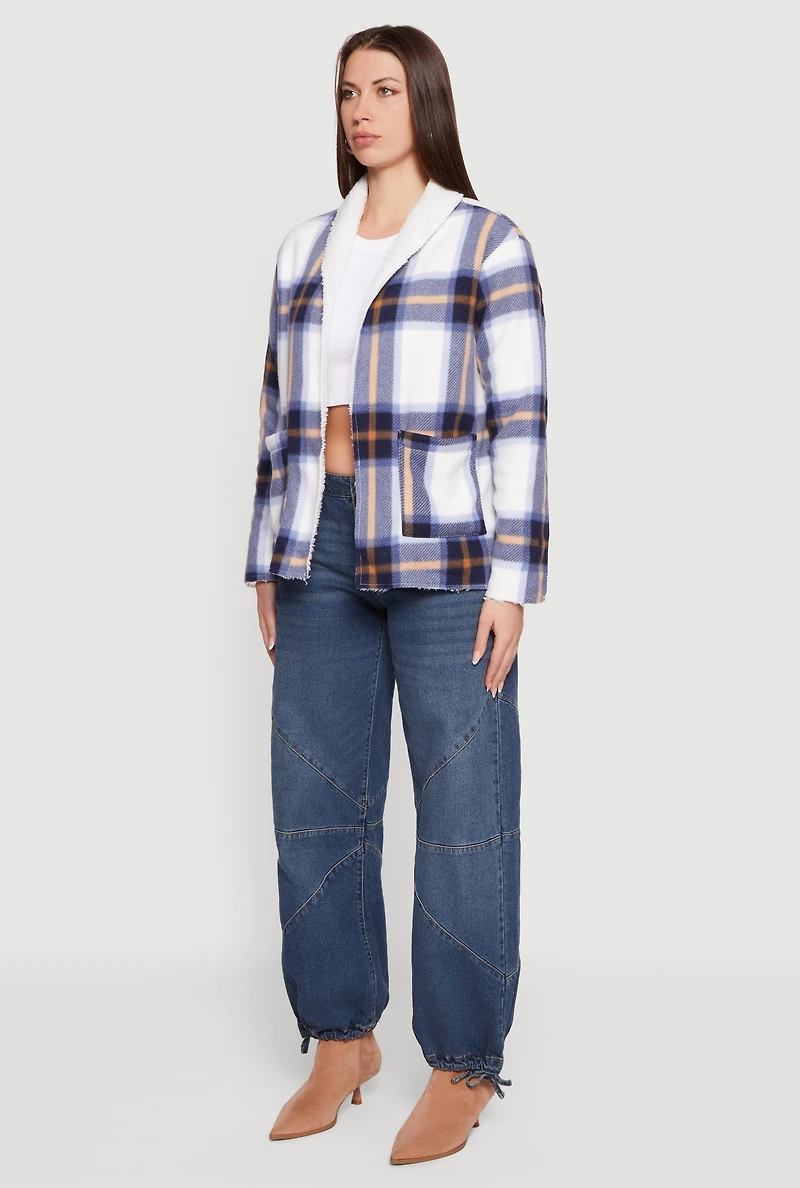Plaid Sherpa Lined Open Front Shacket