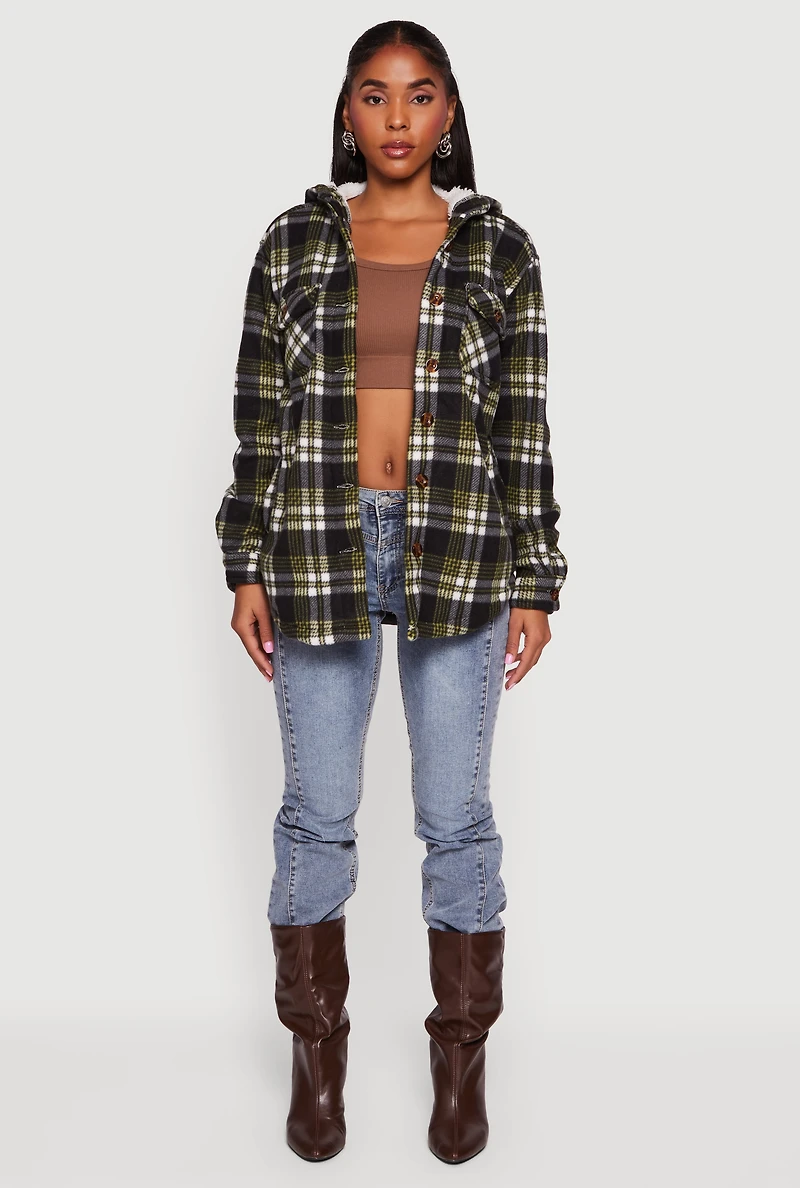 Plaid Sherpa Lined Hooded Button Front Shacket