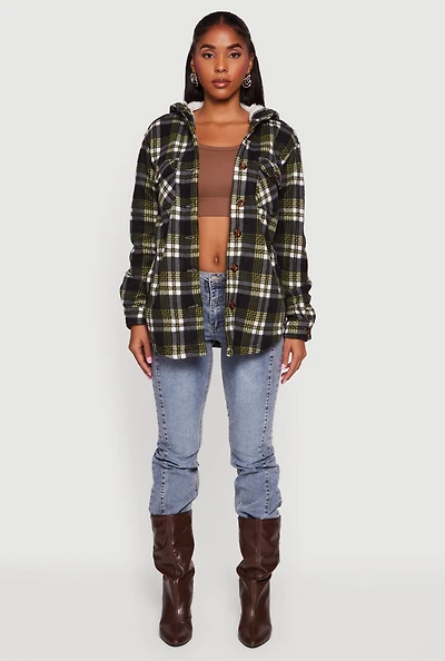 Plaid Sherpa Lined Hooded Button Front Shacket