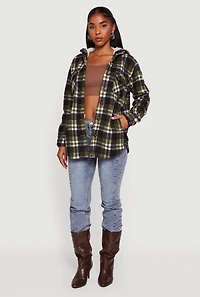 Womens Plaid Sherpa Lined Hooded Button Front Shacket, M