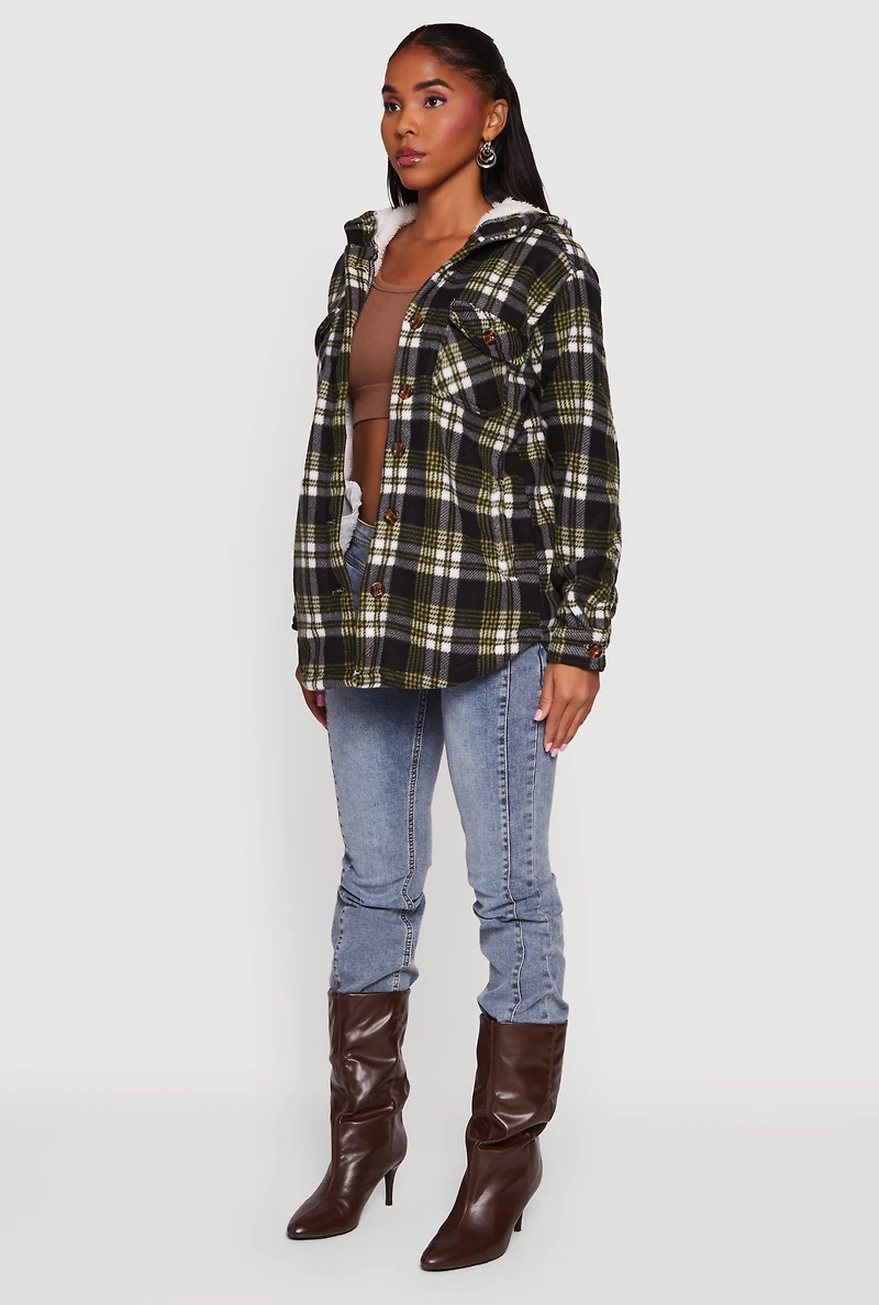 Womens Plaid Sherpa Lined Hooded Button Front Shacket, M
