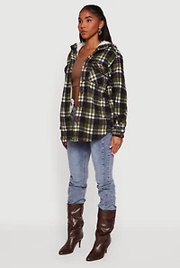 Womens Plaid Sherpa Lined Hooded Button Front Shacket, M