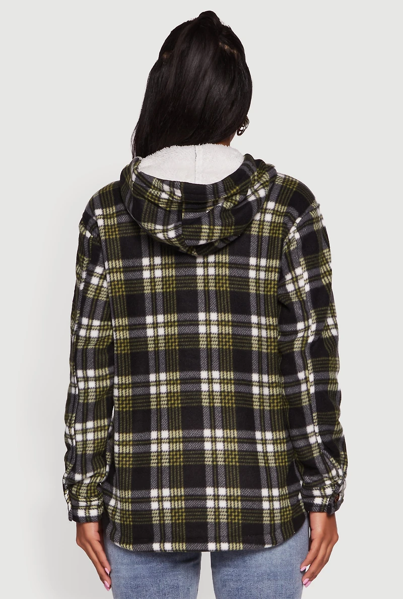 Womens Plaid Sherpa Lined Hooded Button Front Shacket, M