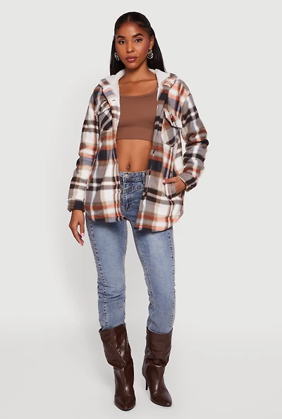 Womens Plaid Sherpa Lined Hooded Button Front Shacket, Multi, Size M