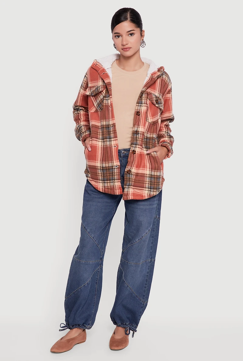 Plaid Sherpa Lined Hooded Button Front Shacket