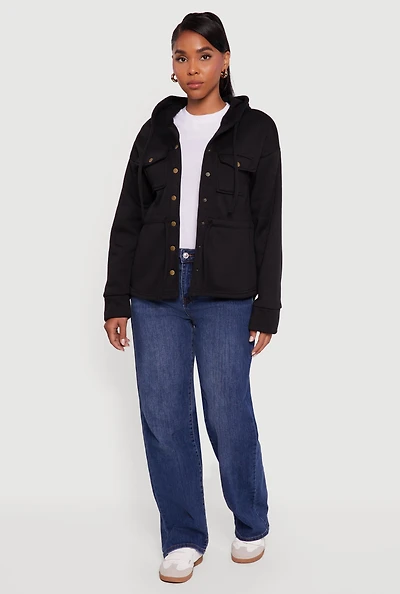 Womens Sherpa Lined Snap Button Front Anorak Jacket, Black, Size S