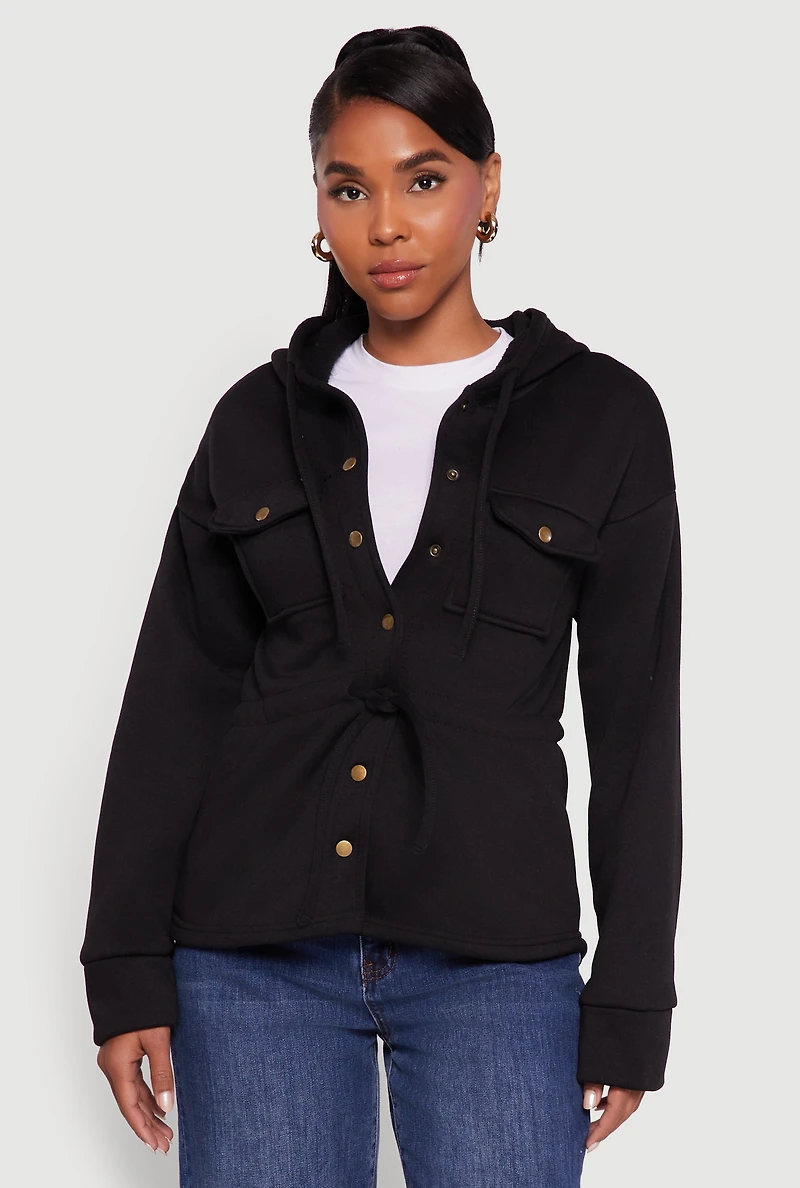 Womens Sherpa Lined Snap Button Front Anorak Jacket, Black, Size XL