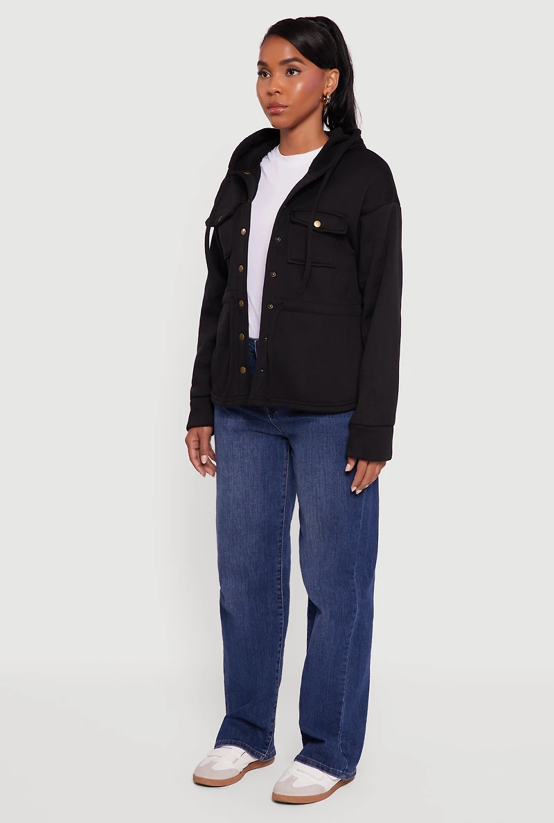 Womens Sherpa Lined Snap Button Front Anorak Jacket, Black, Size S