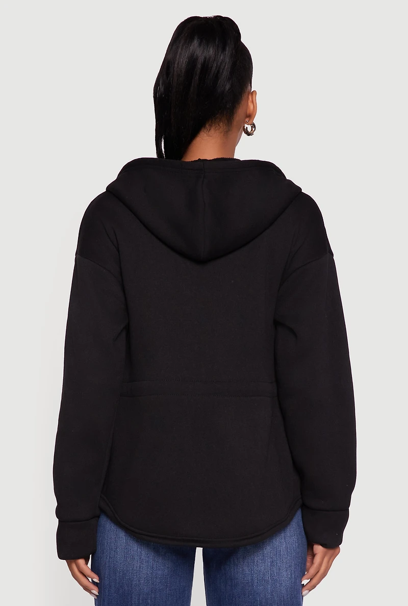 Womens Sherpa Lined Snap Button Front Anorak Jacket, Black, Size S