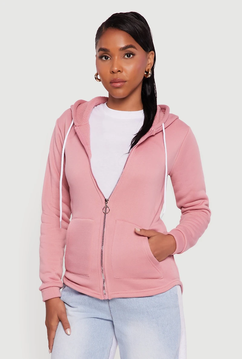 Womens Zip Front Hooded Sherpa Lined Sweatshirt, Pink,