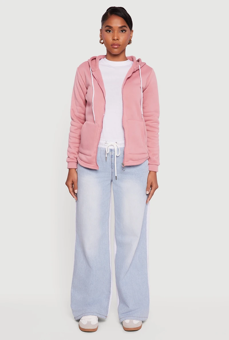 Womens Zip Front Hooded Sherpa Lined Sweatshirt, Pink,